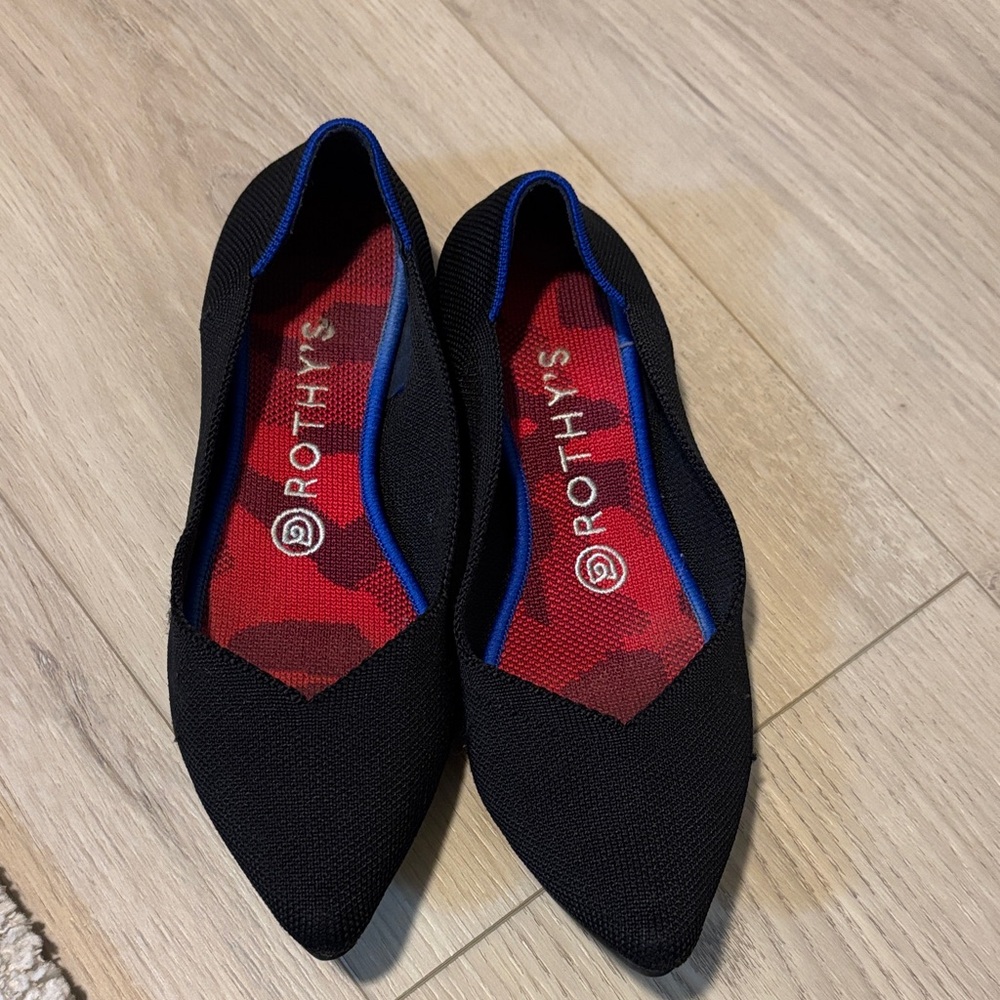 Rothy's Black Flats with Blue Trim and Red Insole